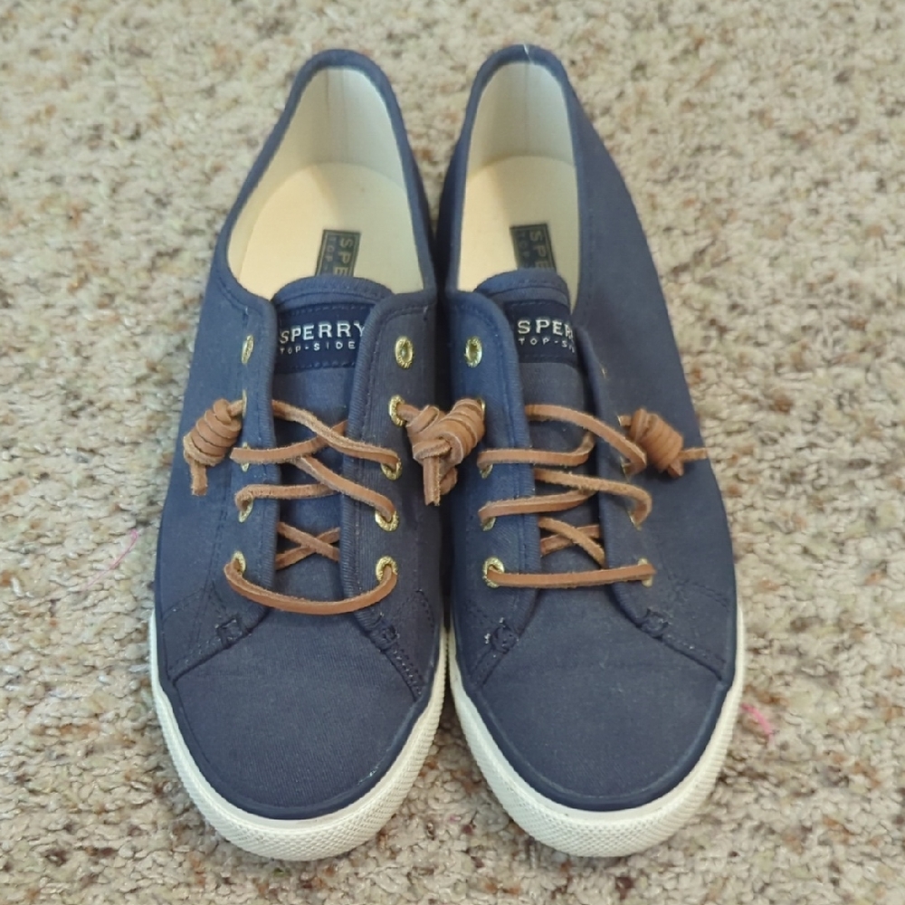 Women's Sperry Top-Sider Navy Canvas Shoes with Brown Laces, Size 8